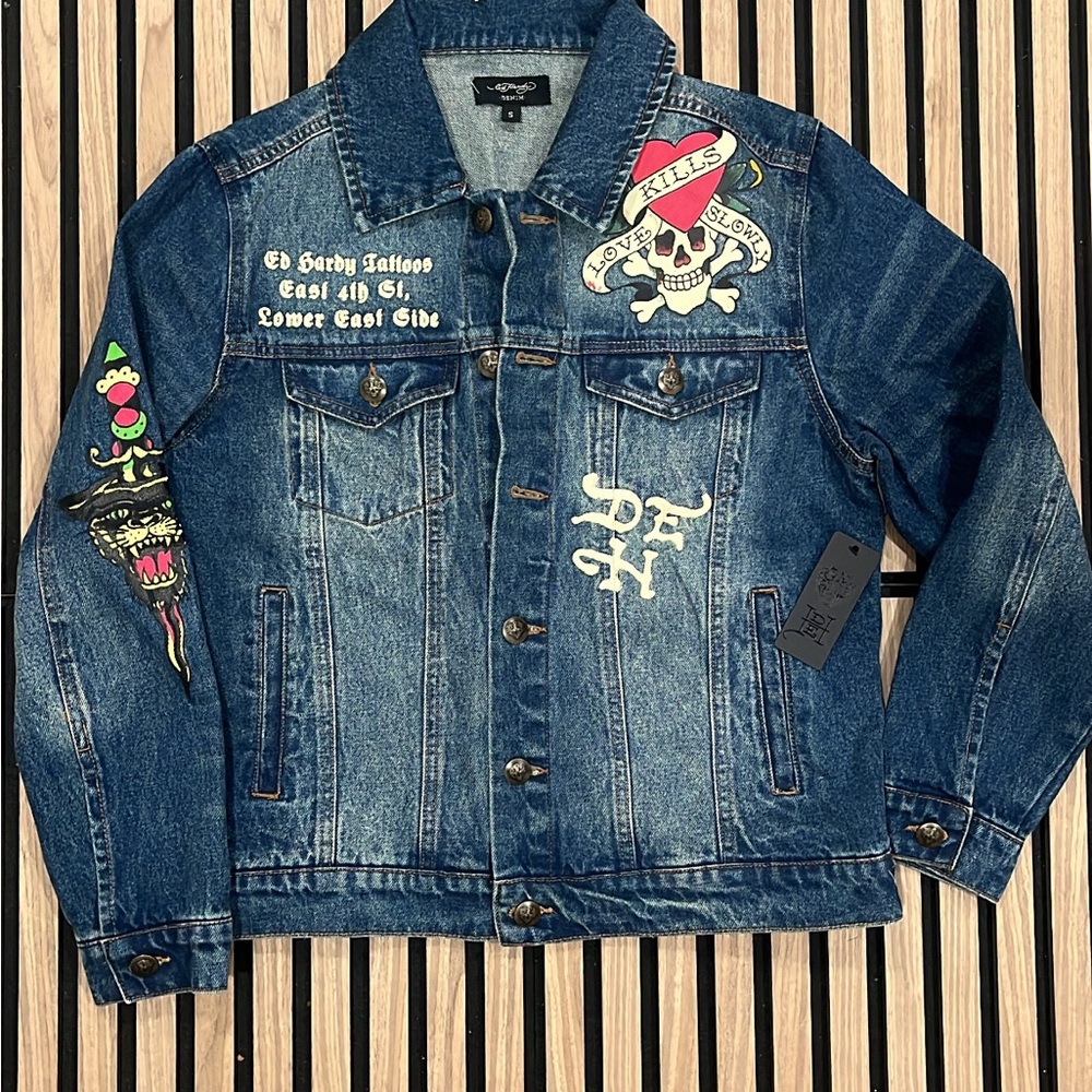 Ed Hardy Flame Skull Denim Jacket - EHU07104-2 Size S